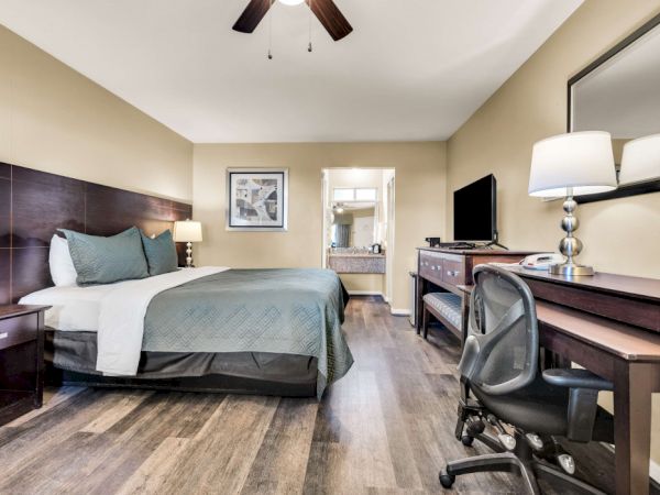 A tidy hotel room with a king bed, nightstands, a desk and chair, a wall-mounted TV, and a dresser; warm beige walls and a ceiling fan.
