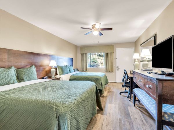 A hotel room with two queen beds, green bedspreads, multiple pillows, wooden headboards, a desk with a chair, a wall-mounted TV, and a ceiling fan.