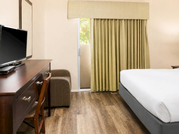 A hotel room with a bed, desk and chair, a TV, a small sofa, wood floor, and a large window with greenish curtains.