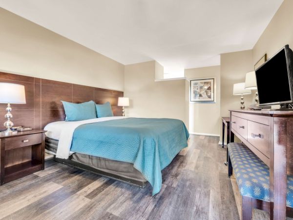 A modern hotel room with a king bed, teal accents, bedside lamps, a desk with a TV, and a blue-patterned bench by the window.