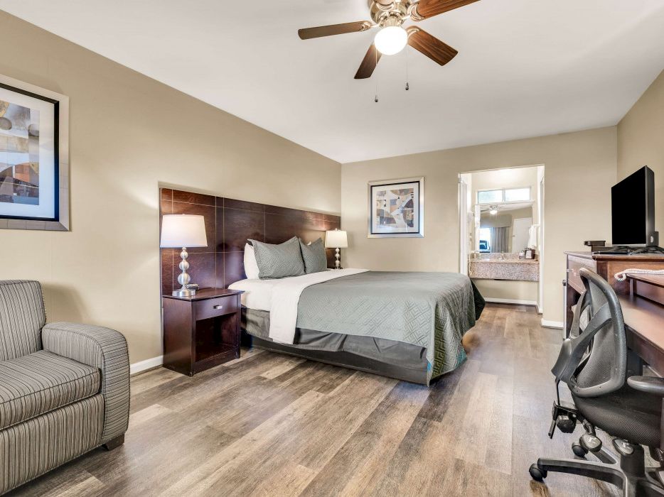A spacious hotel room with a king bed, nightstands, a sofa, a desk, a flat-screen TV, and a hallway leading to a bathroom, all in neutral tones.