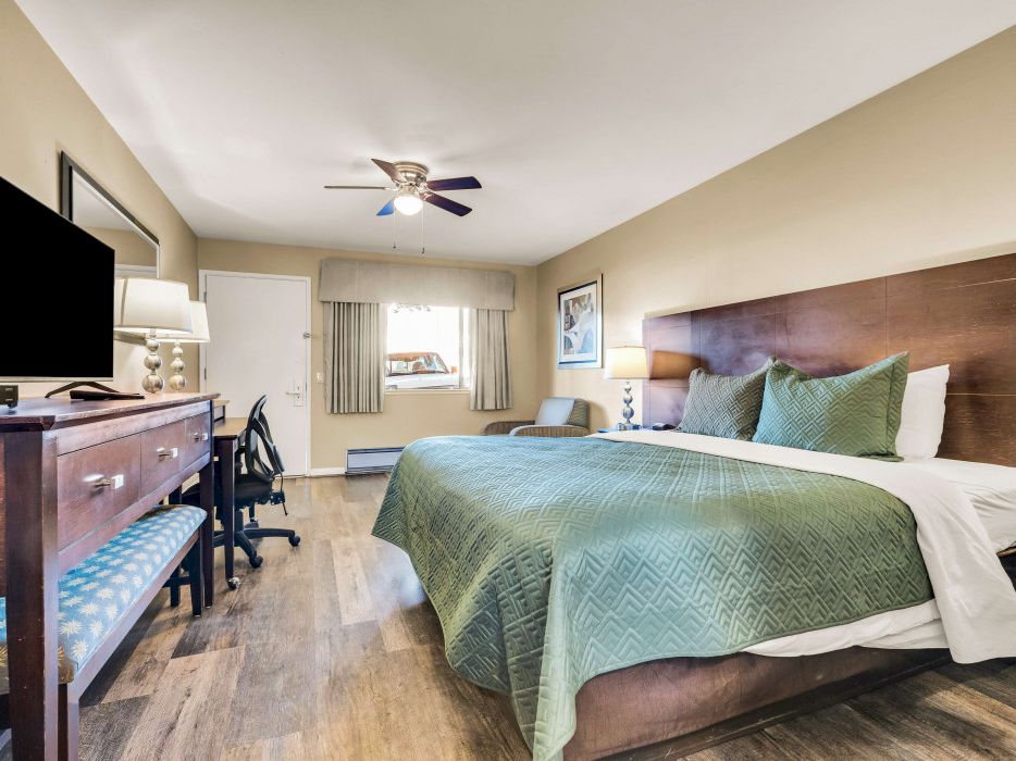 A hotel room with a king bed, teal bedding, two nightstands, a flat-screen TV, desk, chair, ceiling fan, and a window with curtains.